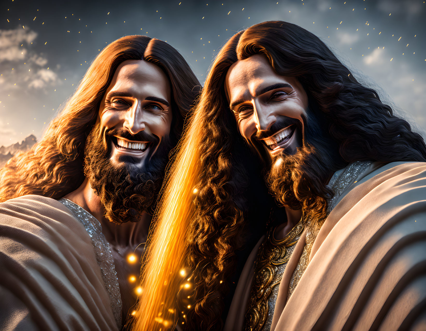 Identical bearded men in golden robes with starry sky and mountains.