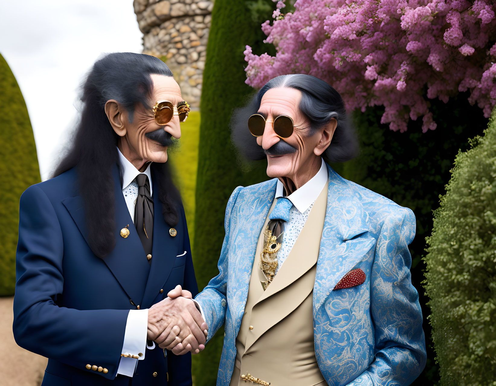 Elderly gentlemen in stylish suits shaking hands with garden background