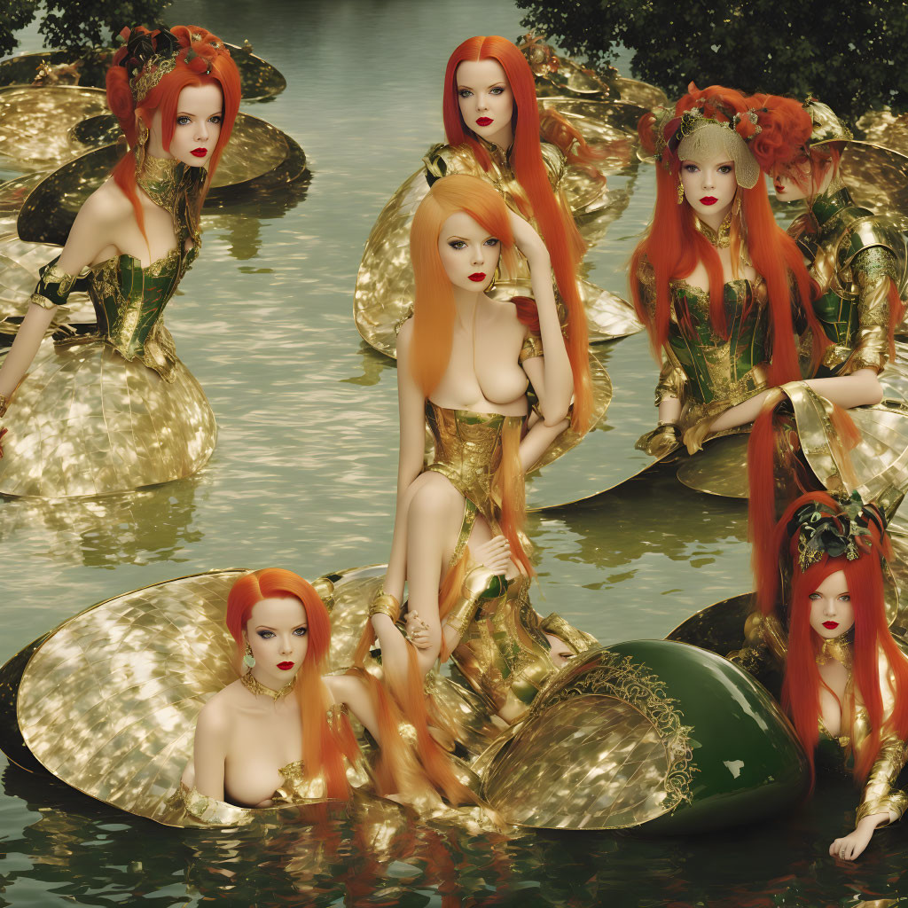 Six red-haired female figures in golden attire posing on lily pads in a pond