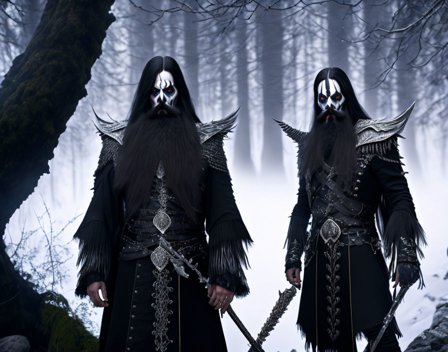 Two figures in black armor with skull face paint in misty forest