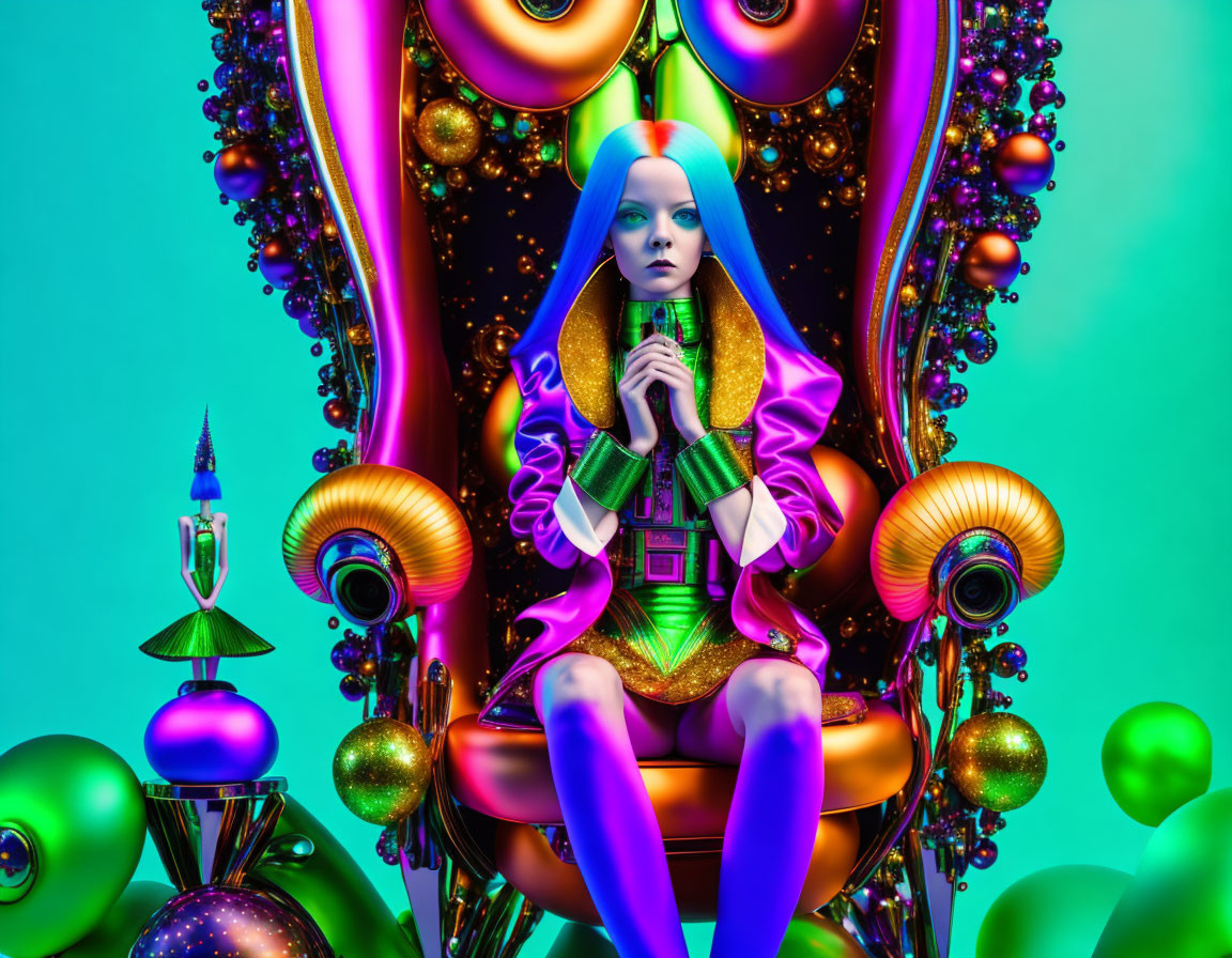 Vibrant surreal artwork of female figure on ornate throne