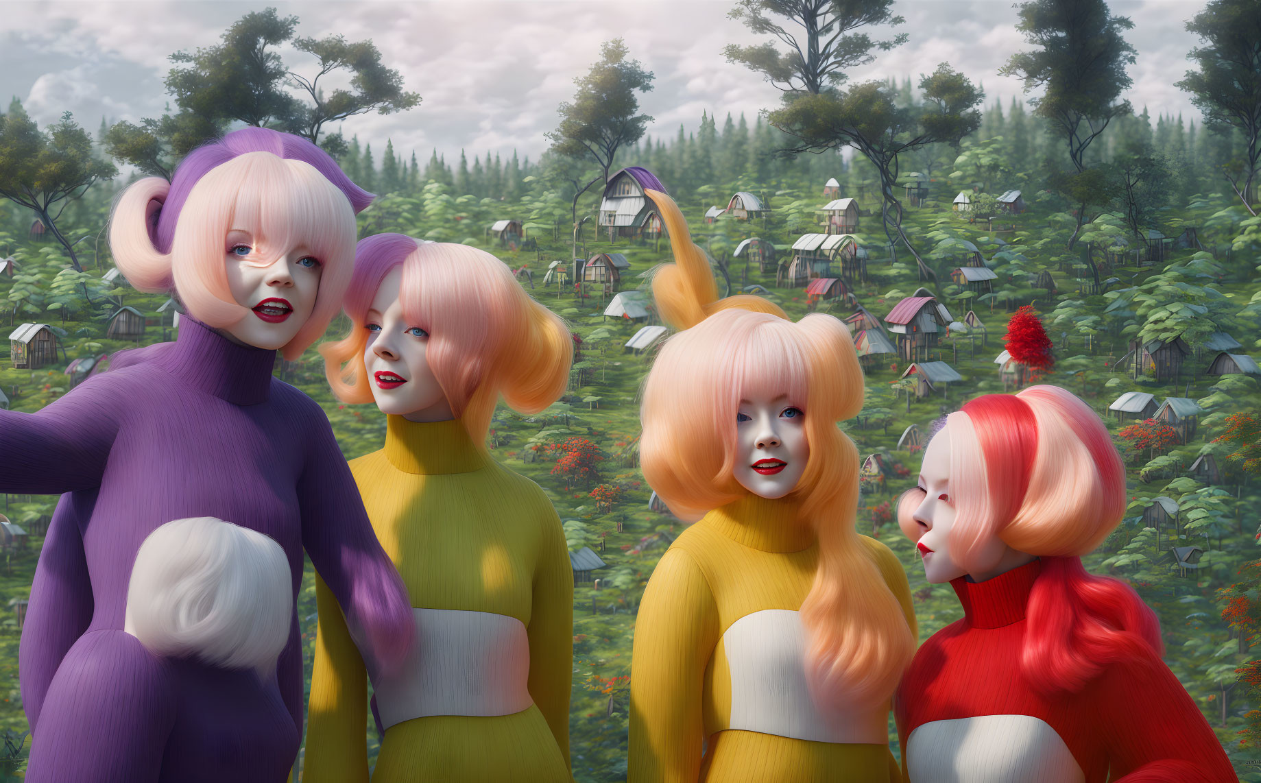 Four stylized animated female figures in vibrant clothing against whimsical landscape