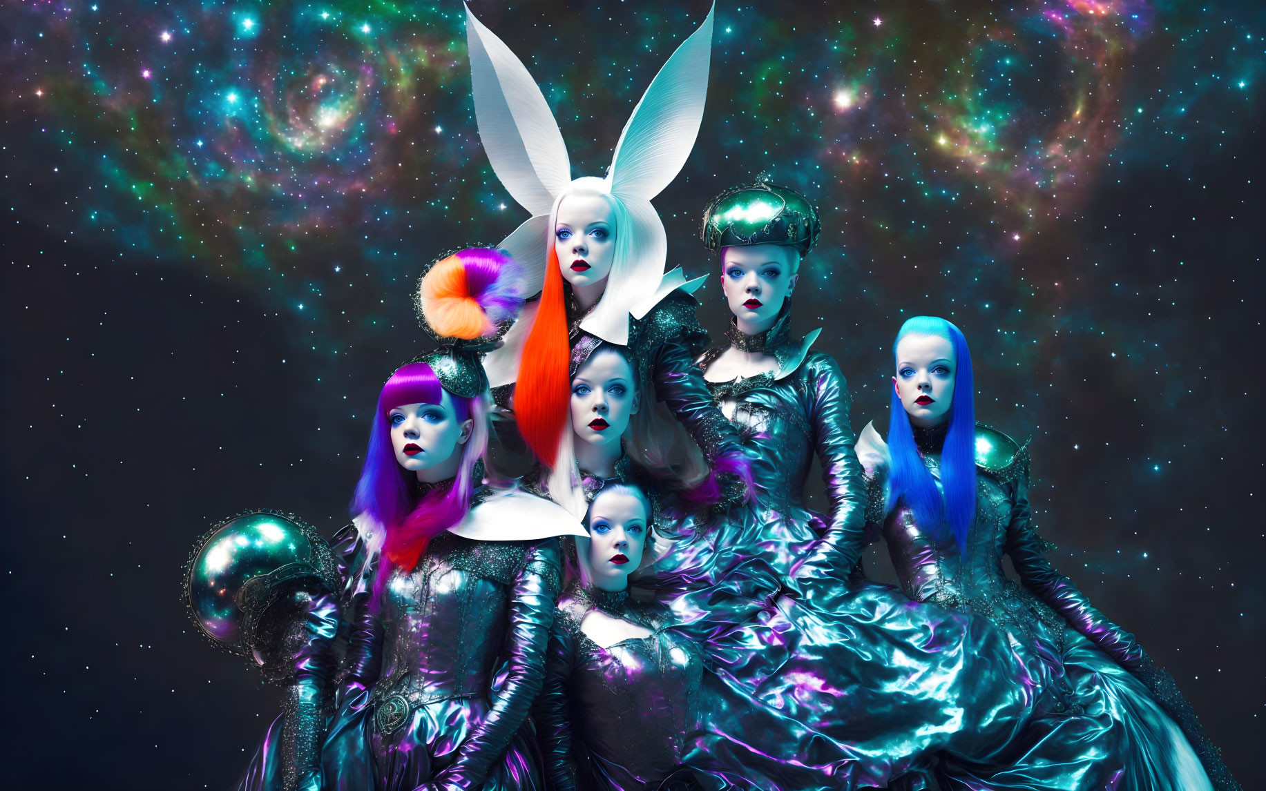 Five models in elaborate makeup and costumes on cosmic starry backdrop