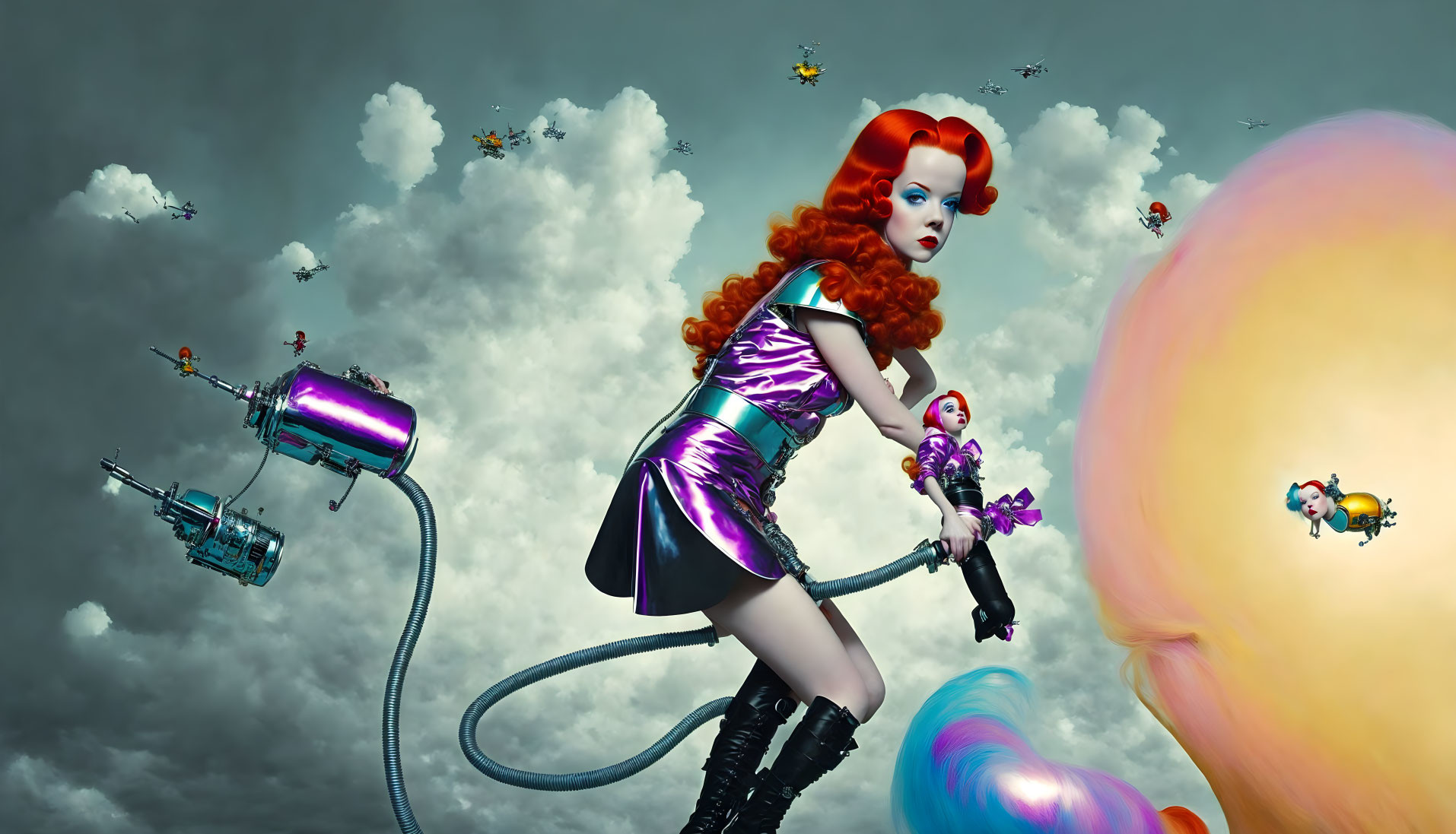 Whimsical digital art: Red-haired female with hose and flying machines