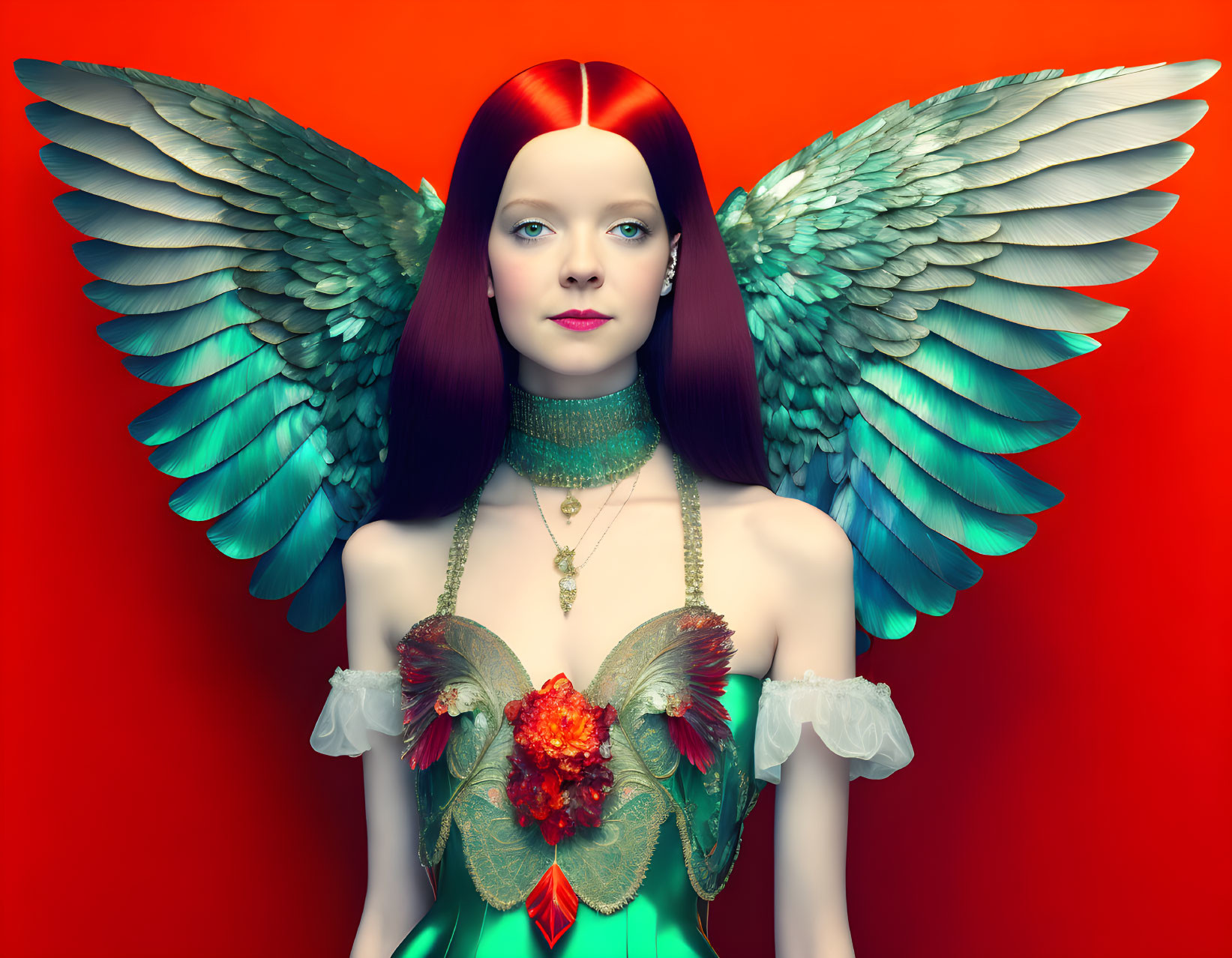 Surreal image: Woman with red hair, blue wings, ornate jewelry on red background