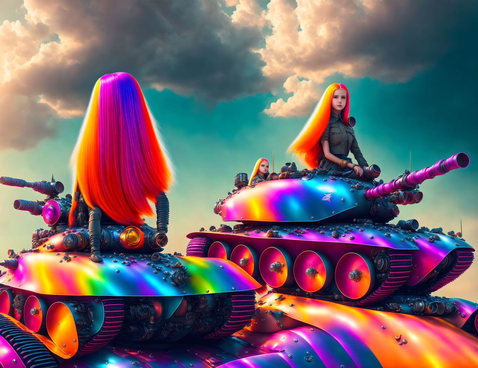 Futuristic tanks with two women and vibrant hair under dramatic sky