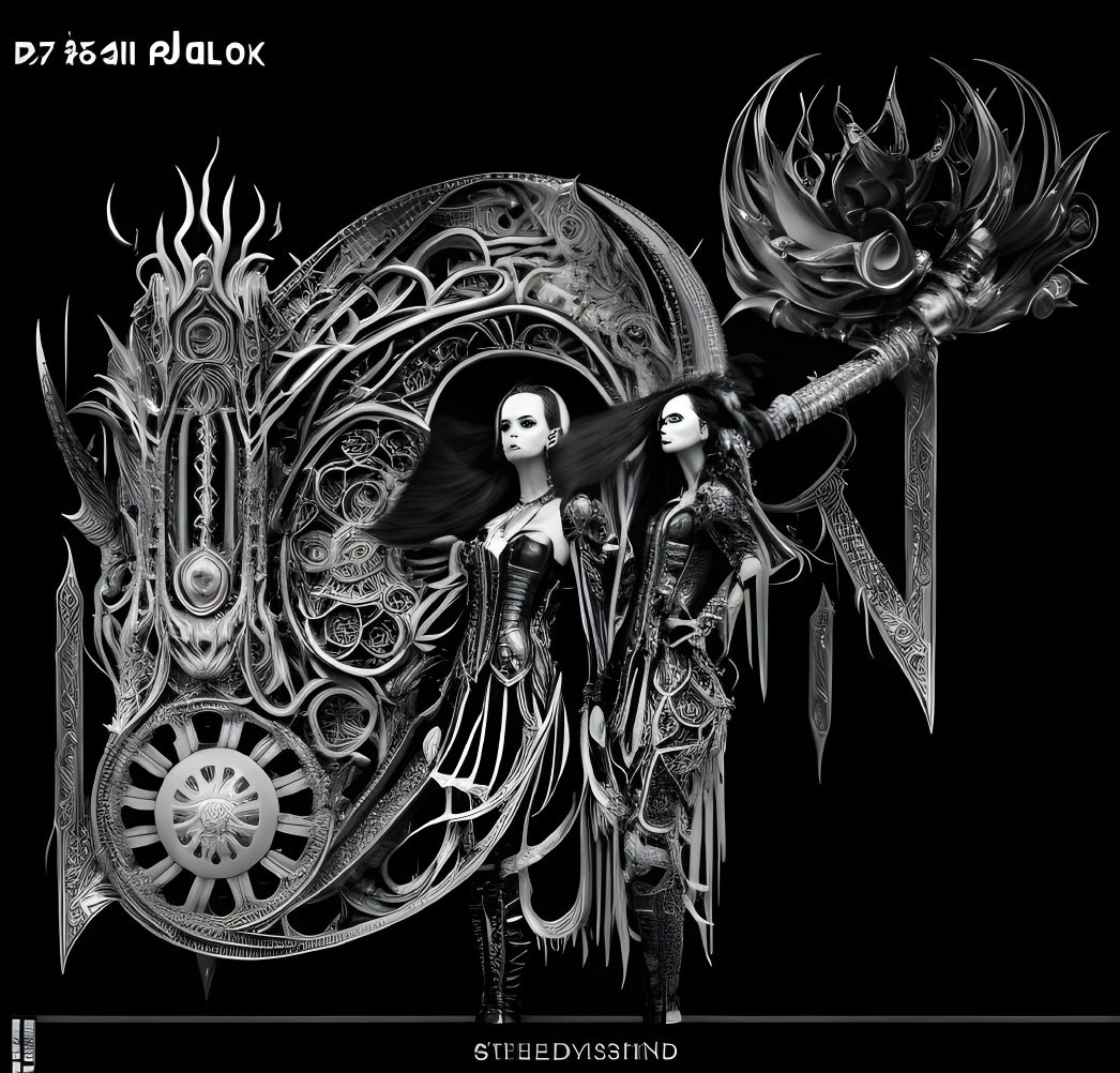 Monochrome Gothic image: Mirrored female figures in ornate attire with shield and axe.