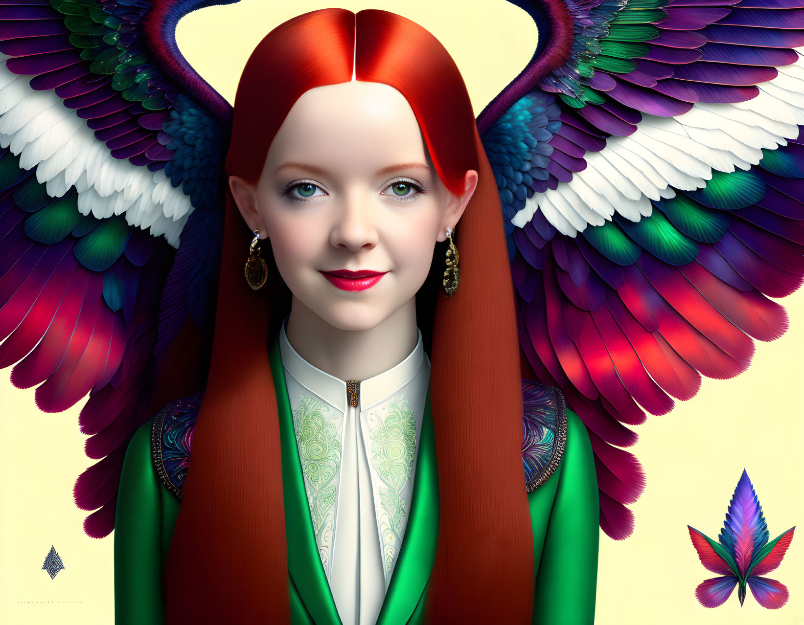 Red-haired woman with green eyes and serene expression surrounded by colorful wing-like patterns and a vibrant butterfly.