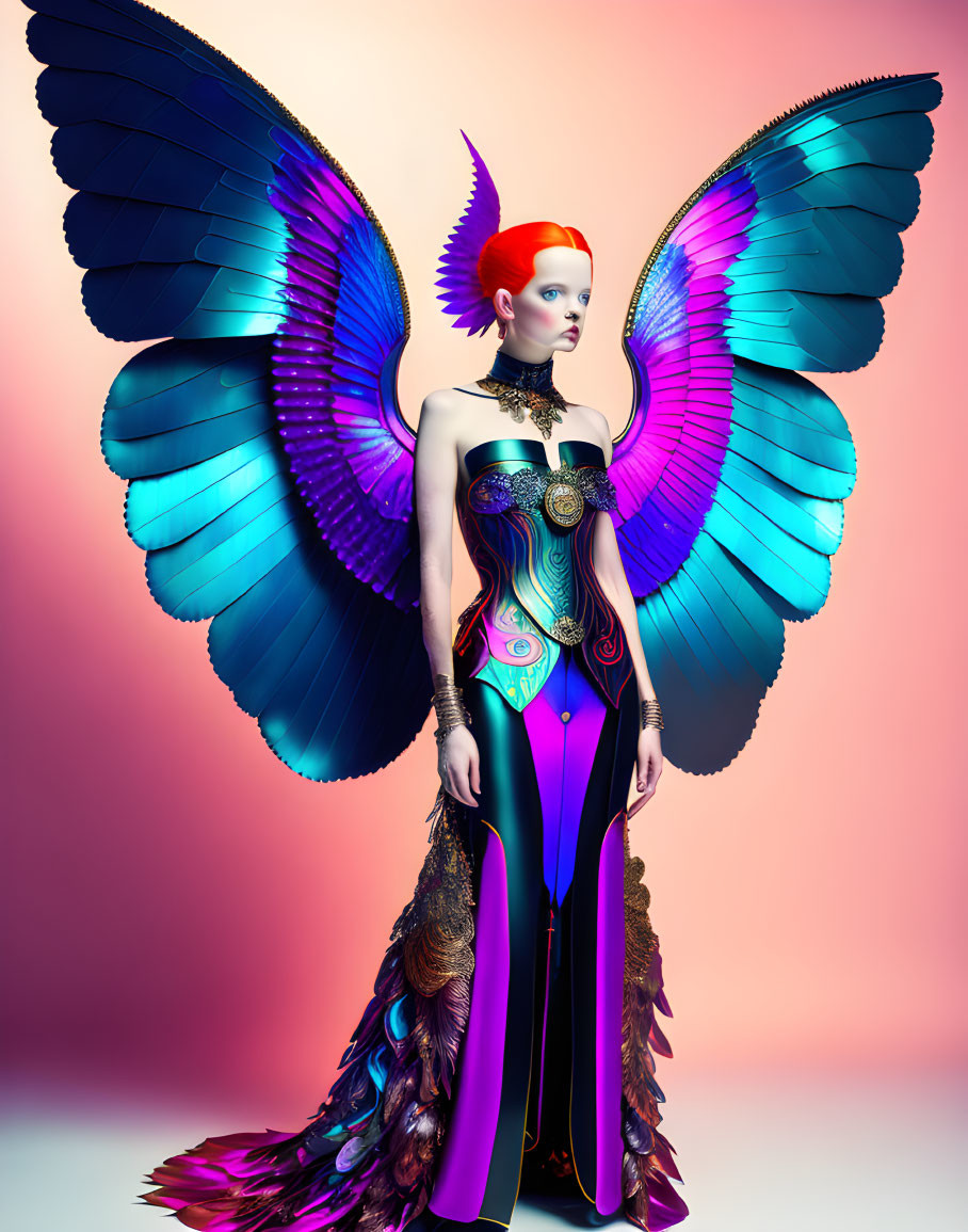 Vibrant digital art: humanoid with blue wings, red hair, metallic costume