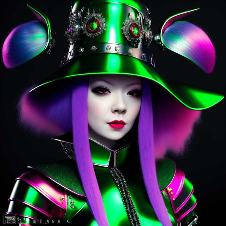 Purple-haired figure in green futuristic armor with ornate helmet on black background