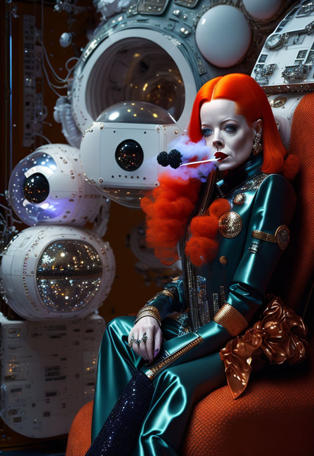 Red-haired woman in teal futuristic suit in spaceship setting with robotic interface