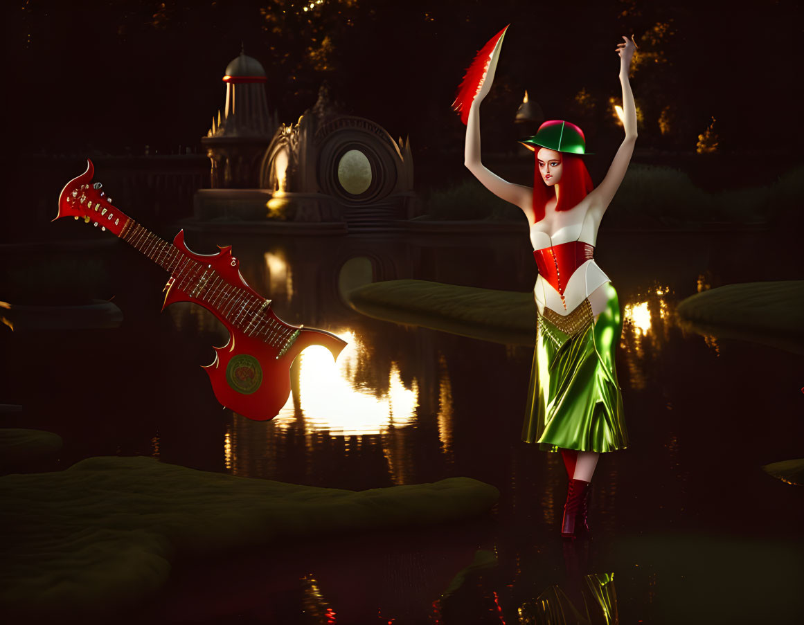 Stylized female figure in red and green costume with guitar on lily pad pond at dusk