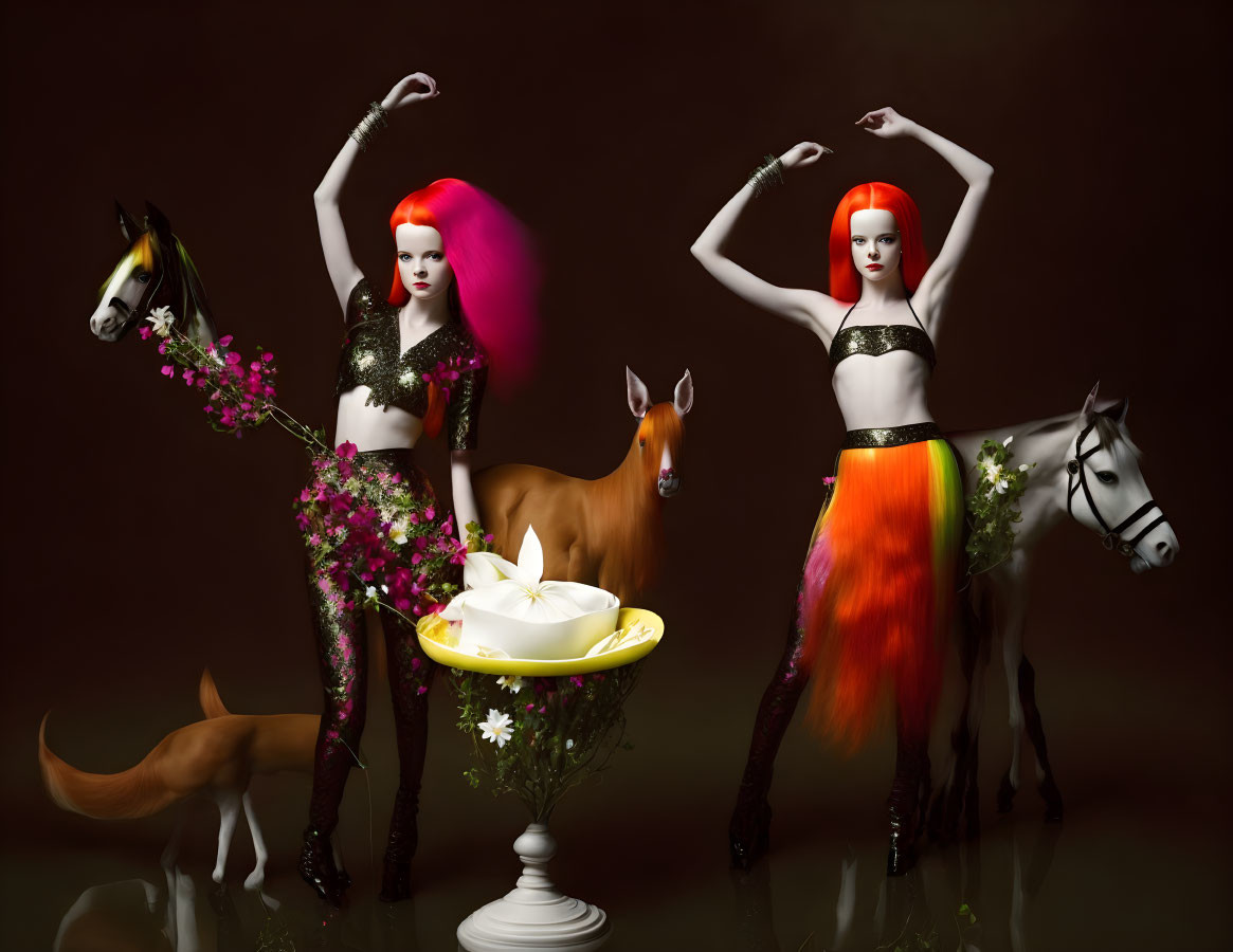 Vibrant hair and avant-garde outfits with stylized horses and a dog.