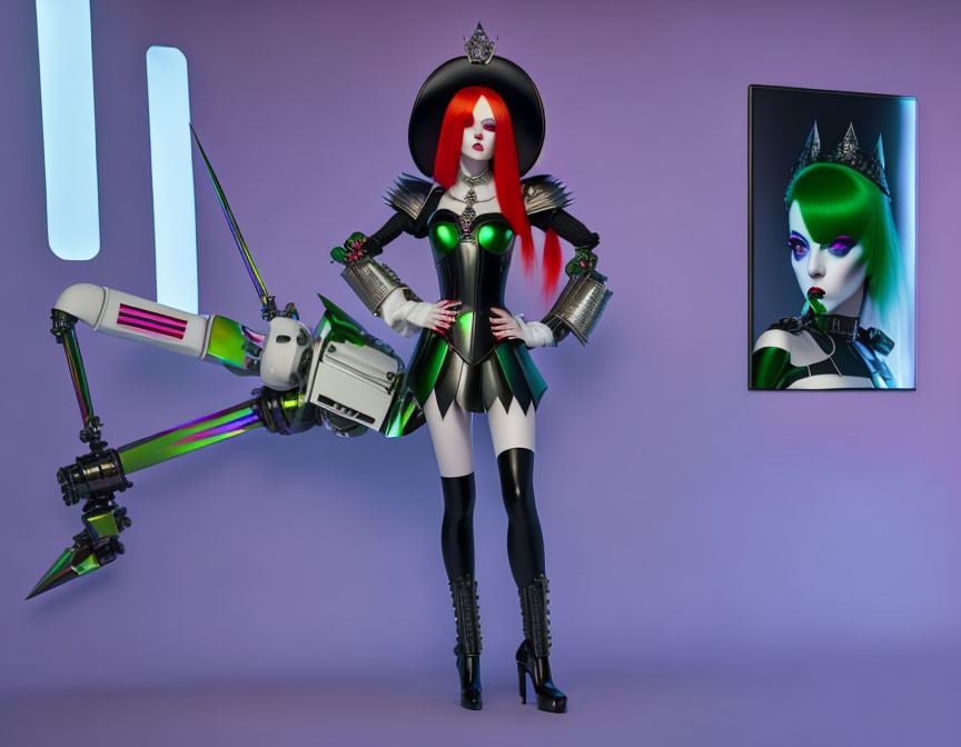 Red-haired female character in sci-fi outfit with black hat beside robot arm on purple background