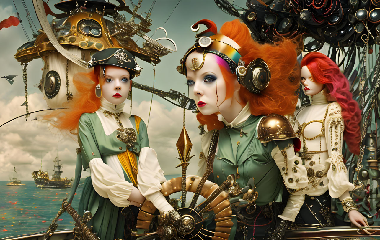 Two women in steampunk attire against fantastical airship backdrop