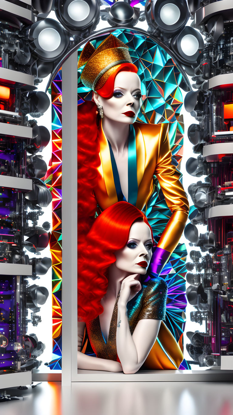 Futuristic portrait of red-haired woman in gold suit with vibrant geometric background