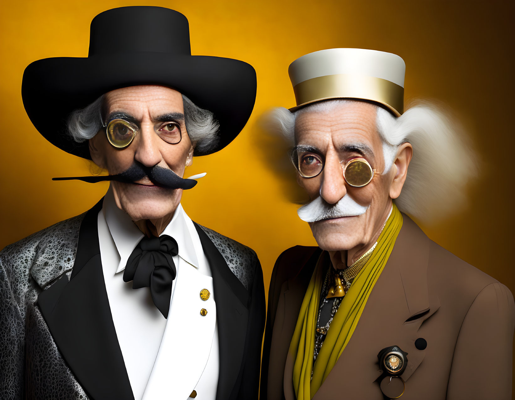 Elderly gentlemen with top hats and monocles on yellow background