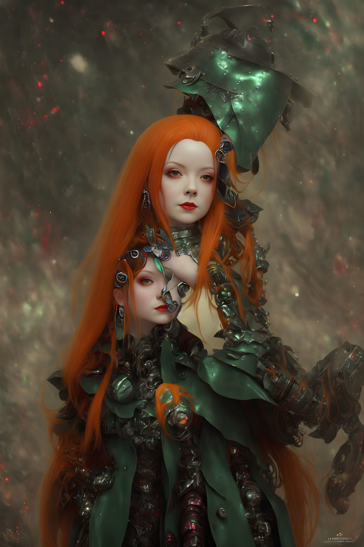 Red-Haired Figures in Green Armor in Mystical Setting