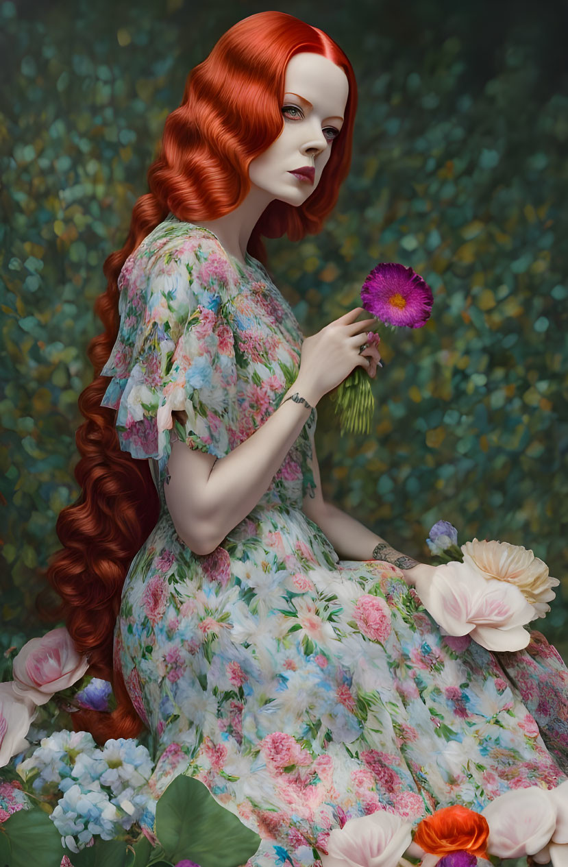 Red-haired woman in floral dress surrounded by flowers holding purple bloom