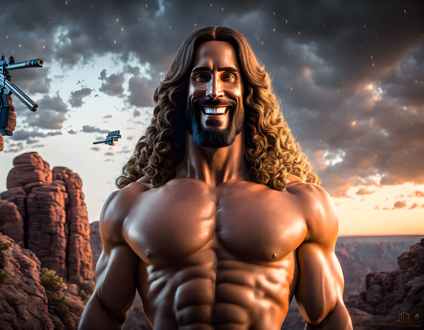 Muscular animated character with long hair in rocky canyon under starry sky