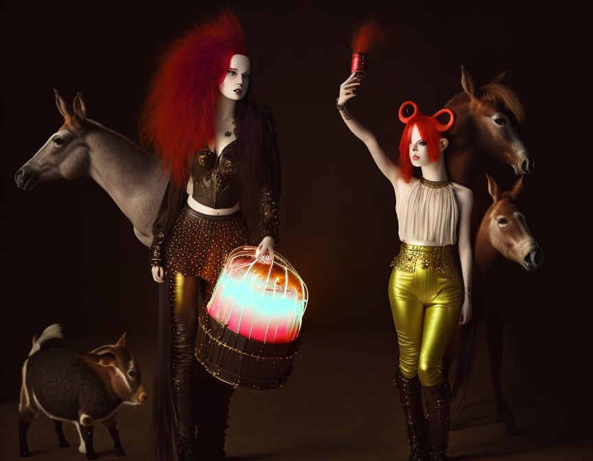 Colorful haired women styled as mythical creatures with lantern, pig, and horses on dark backdrop.