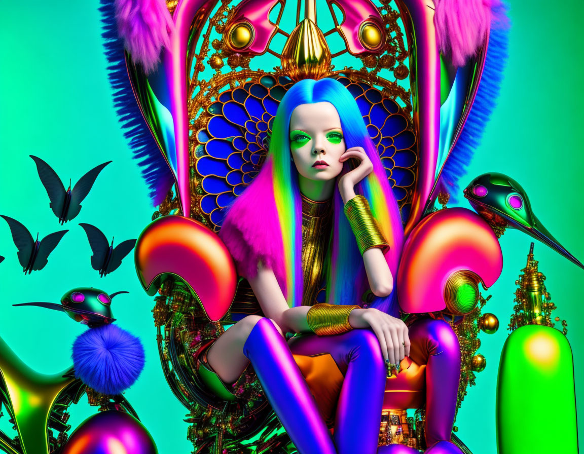 Colorful surreal character on throne with butterflies