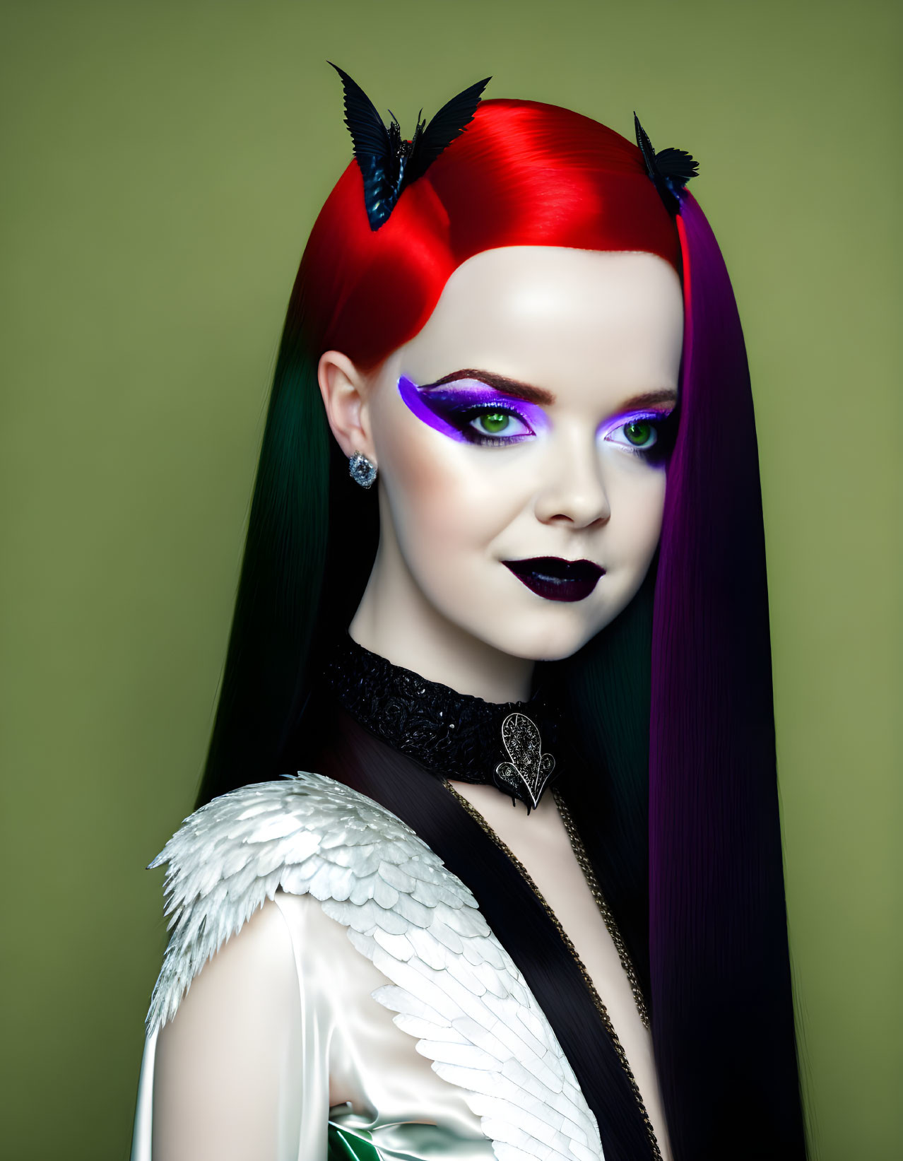 Vibrant red and black hair, purple eye makeup, winged black accents, black necklace,