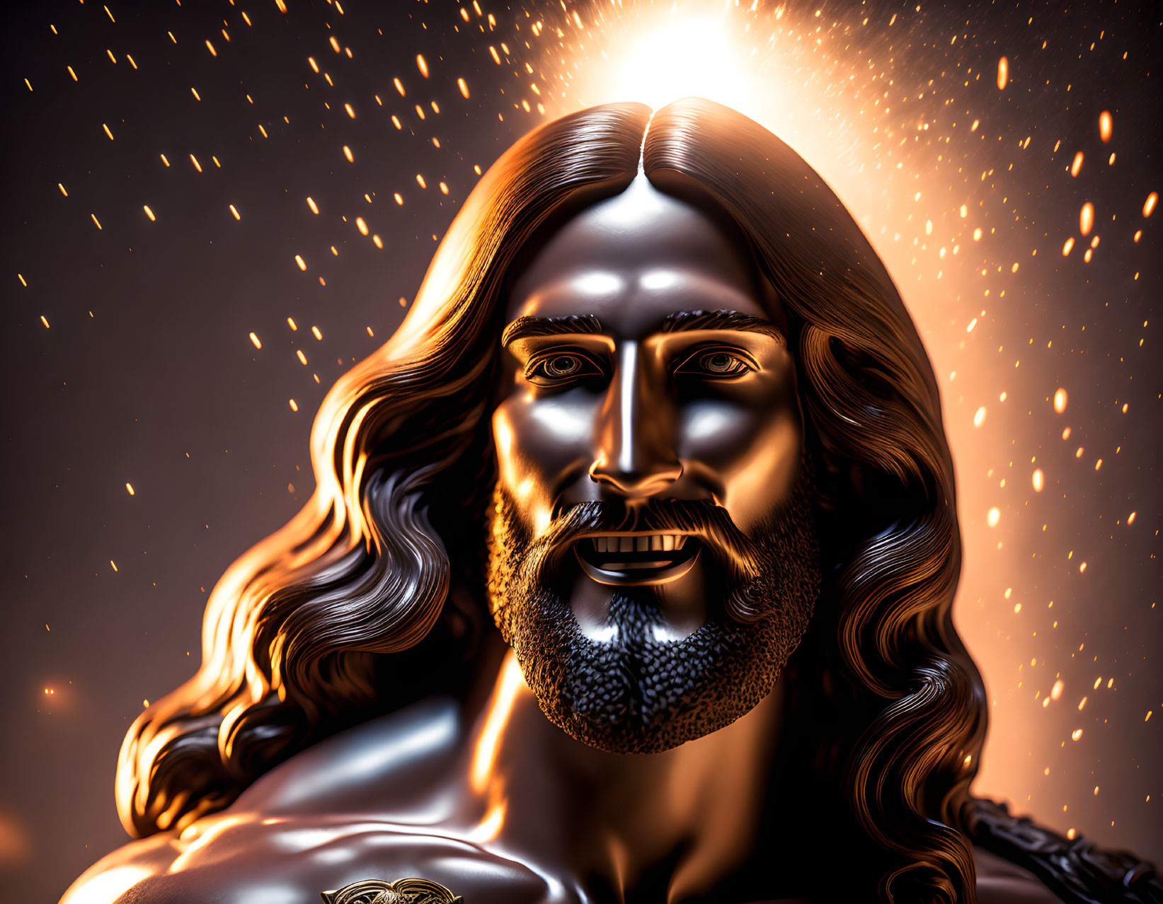 Glowing bronze figure with long hair and beard in digital art