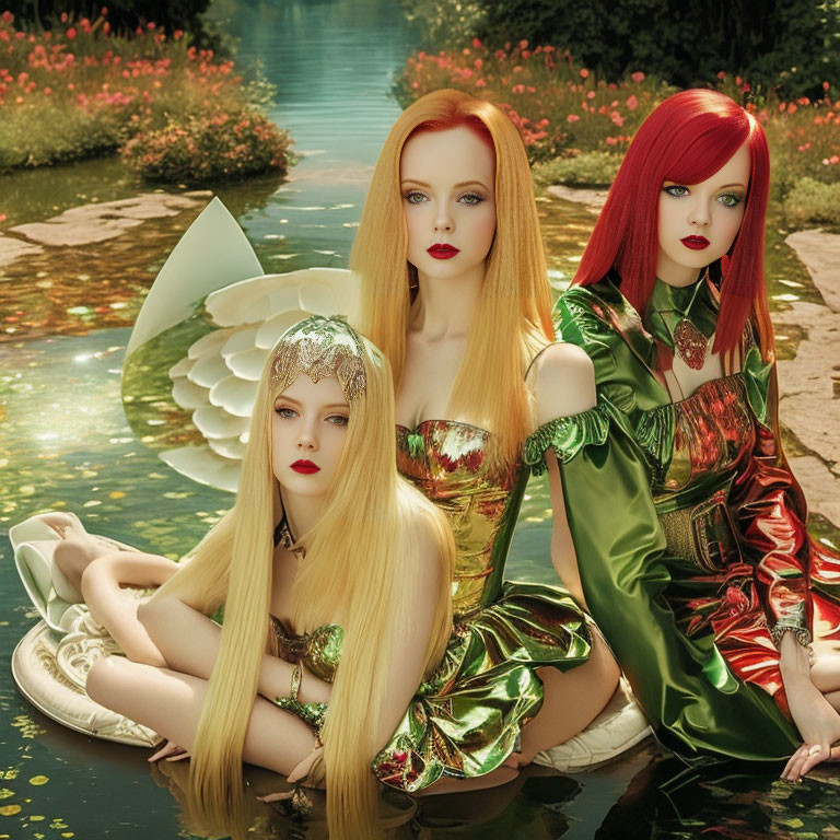 Three women with colorful long hair in fantasy outfits by water lily pond