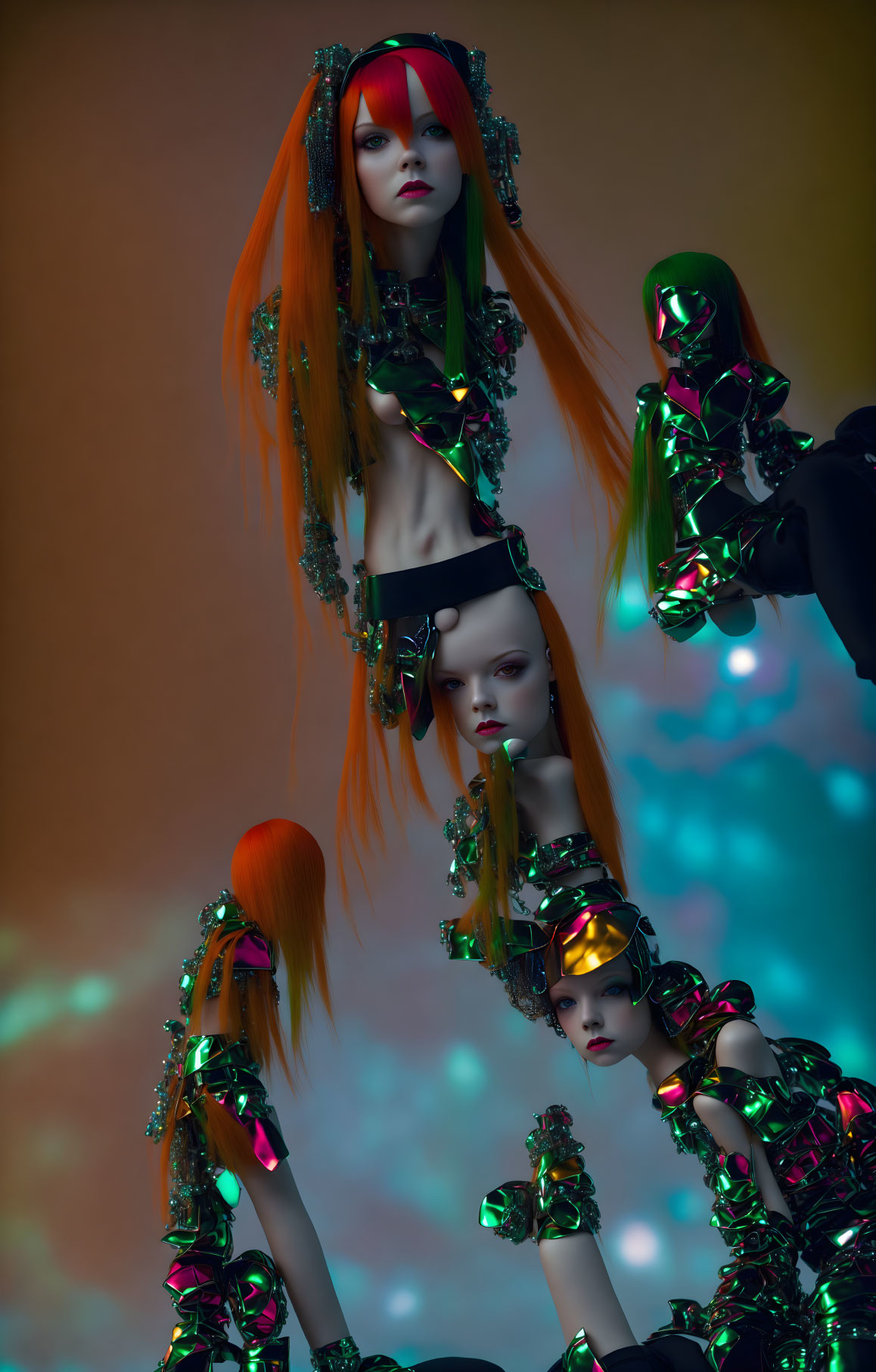 Futuristic image of models with orange hair in metallic green and black outfits