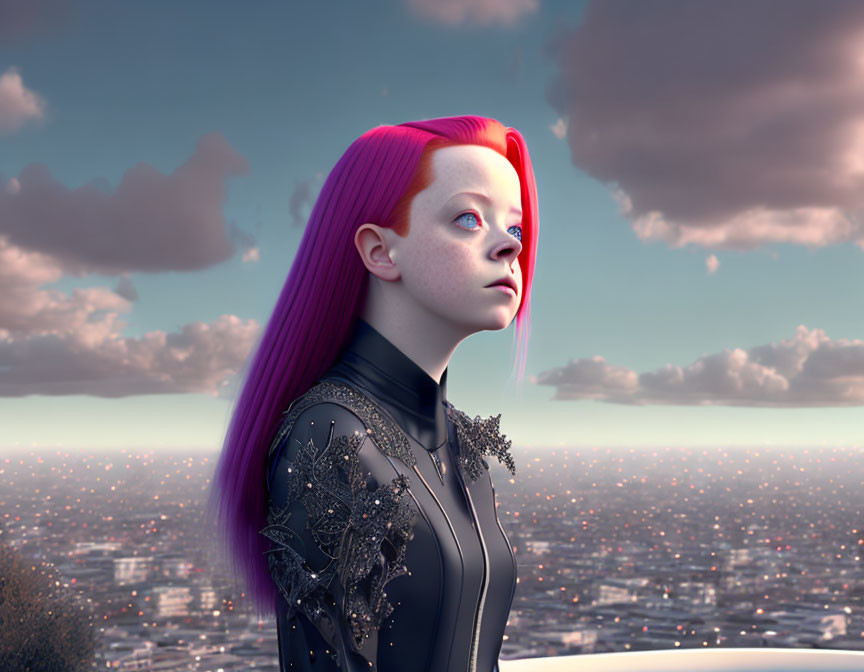 Vibrant pink-haired girl in futuristic attire gazes at cityscape under cloudy sky