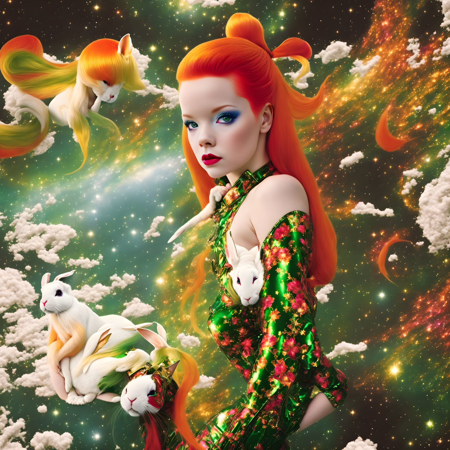 Woman with Red Hair in Green Dress Surrounded by Cosmic Foxes and Stars