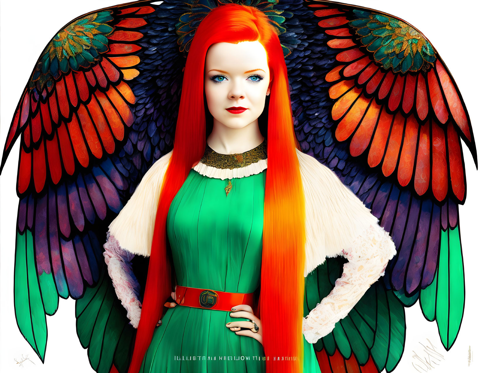 Vibrant red hair, parrot-like wings, green dress with white fur sleeves