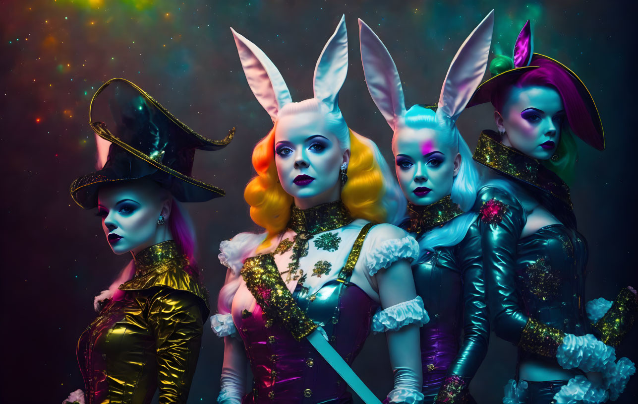 Four Women in Elaborate Fantasy Costumes with Rabbit Ears on Cosmic Colored Background