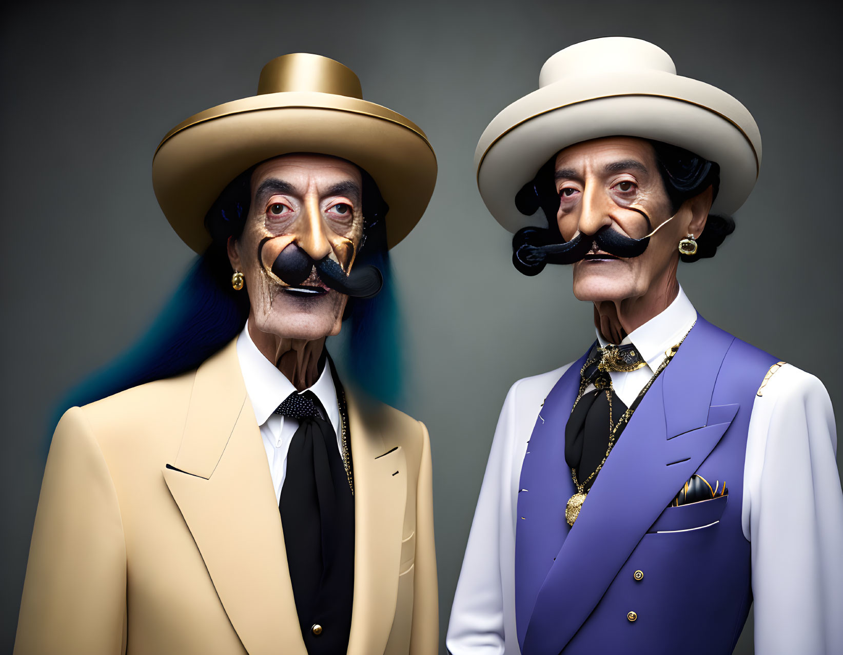 Vintage style portrait of two people with elongated faces and mustaches in suits and hats