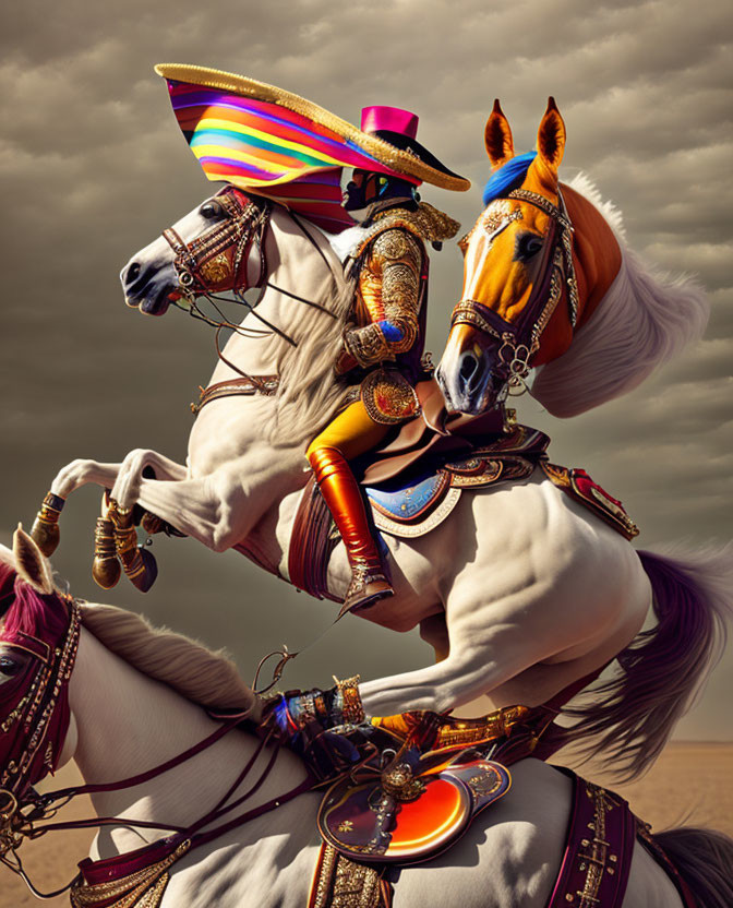 Traditional attire person on white horse with sombrero in cloudy sky