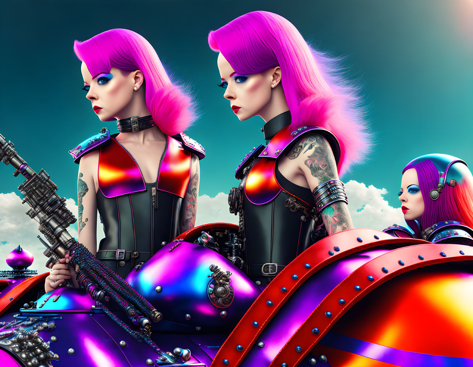 Vibrant pink-haired women in futuristic outfits with mechanical background