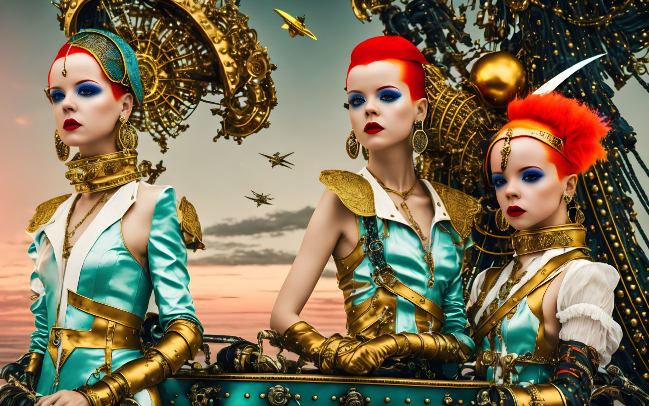 Elaborate Steampunk Costumes Against Fantasy Mechanical Backdrop