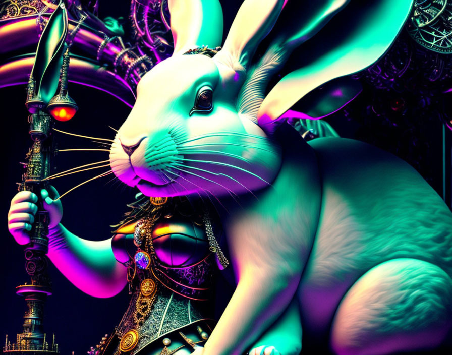 Futuristic rabbit digital art with glowing eyes and steampunk backdrop