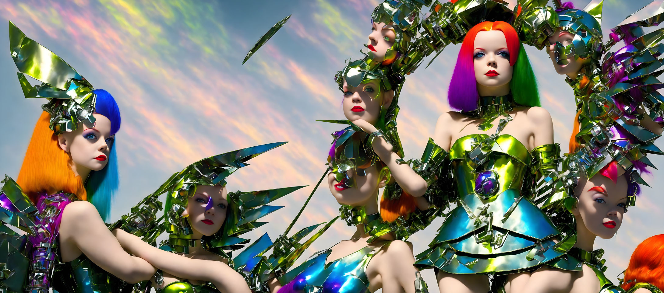 Stylized mannequins with vibrant hair in metallic costumes under a blue sky