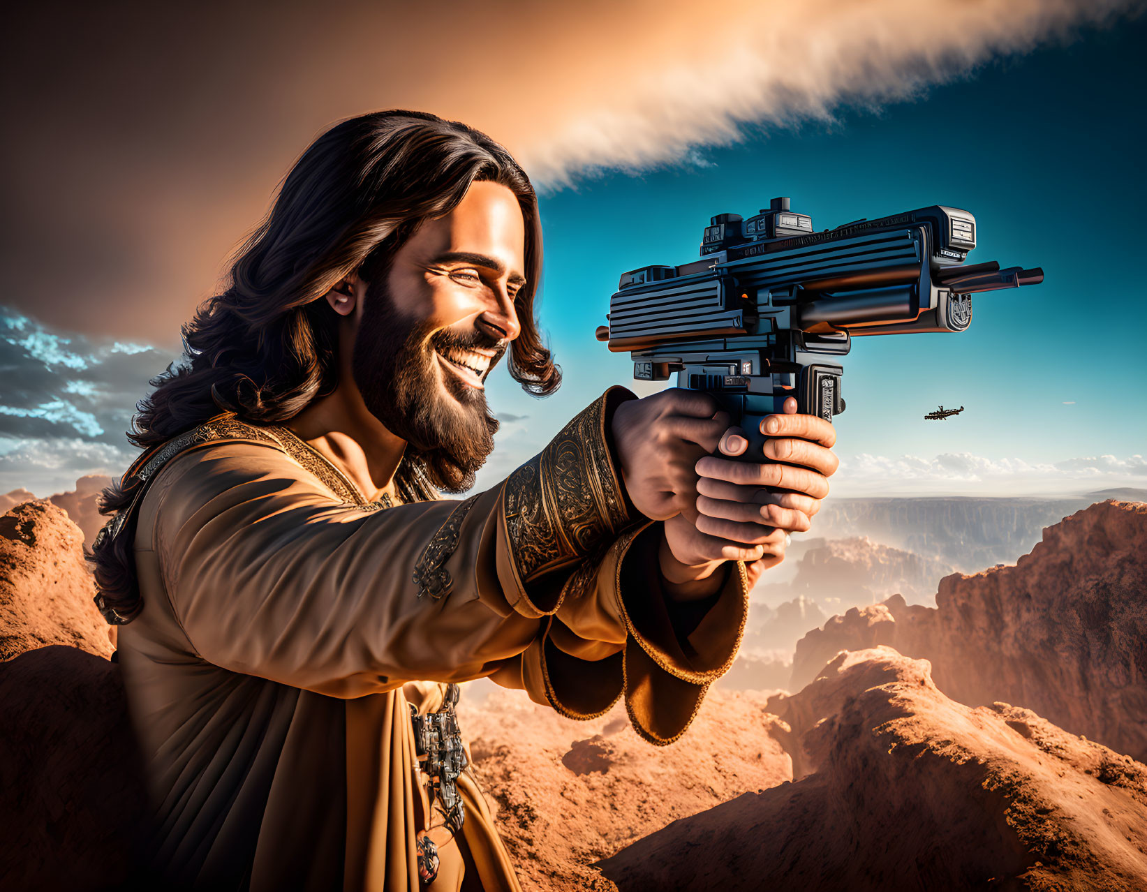 Futuristic character with beard aiming sci-fi blaster gun in canyon setting