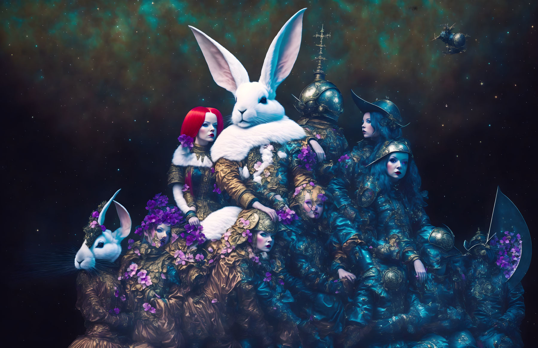 Surreal image featuring people with rabbit heads in armor among stars