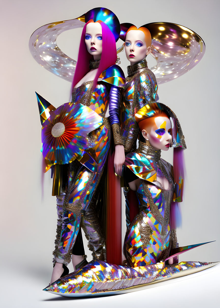 Futuristic metallic outfits on models with oversized headgear