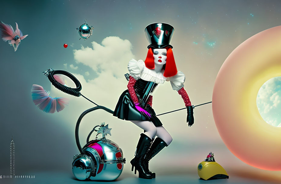 Surreal humanoid figure vacuuming with whimsical objects and orbs