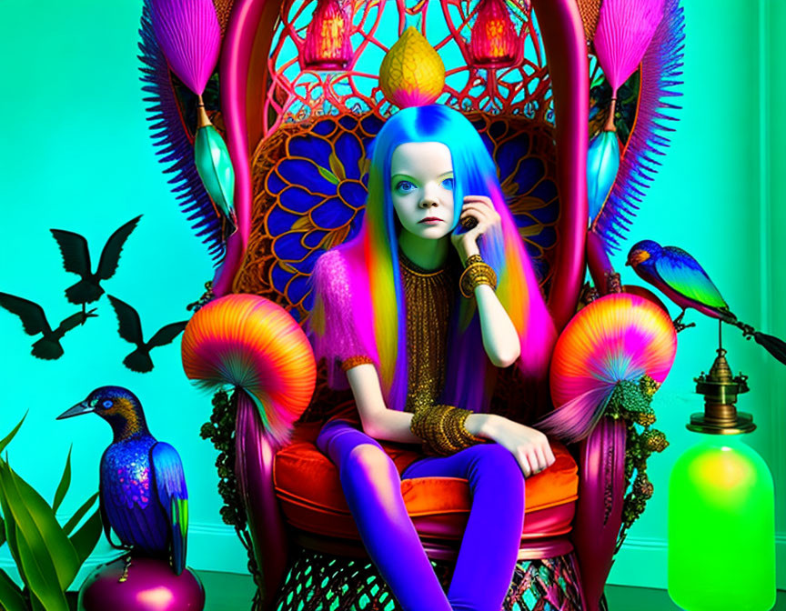 Vibrant surrealistic scene: person with blue hair on ornate throne amid colorful flora and fauna