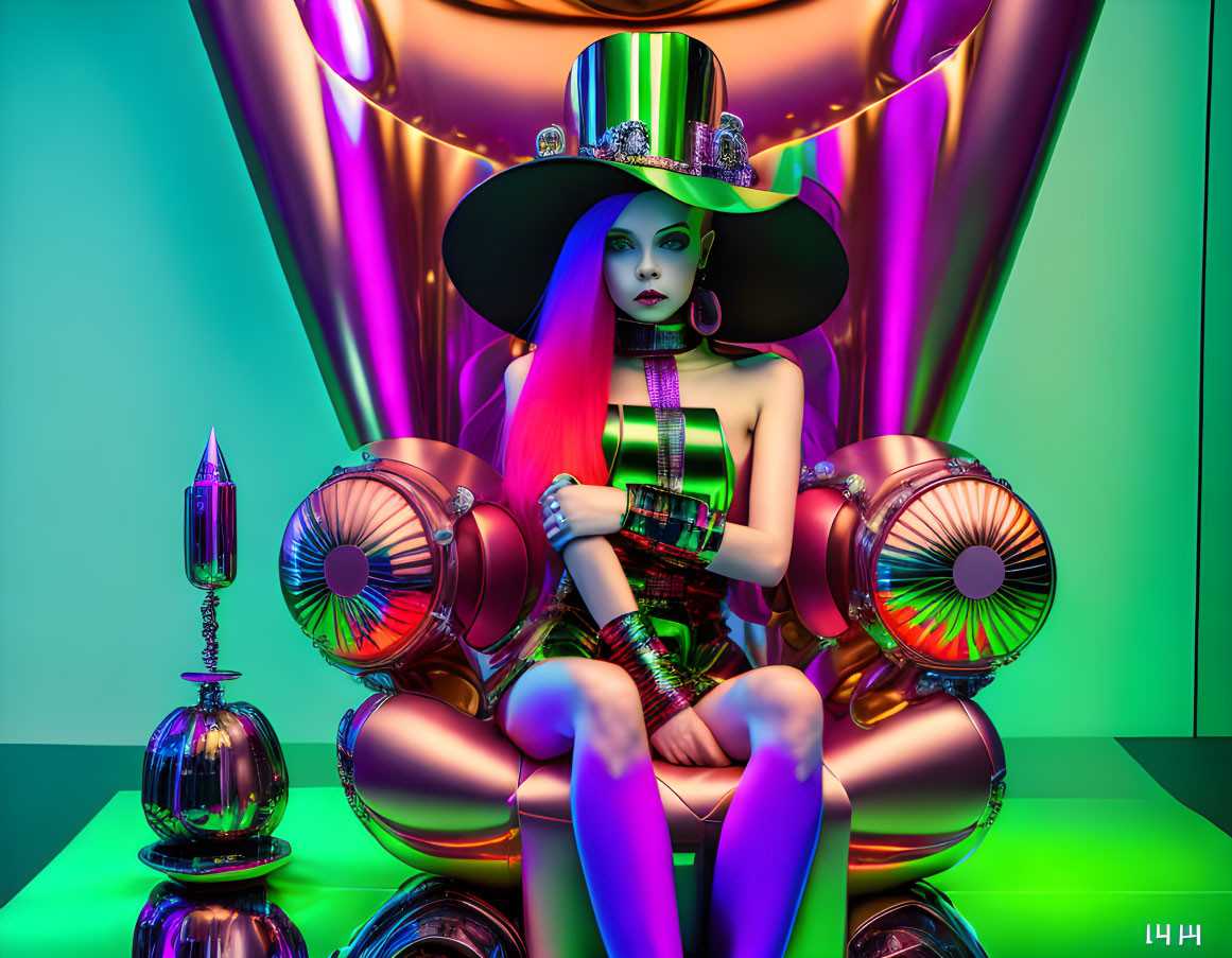 Colorful digital artwork: Woman with purple hair and green skin in futuristic setting