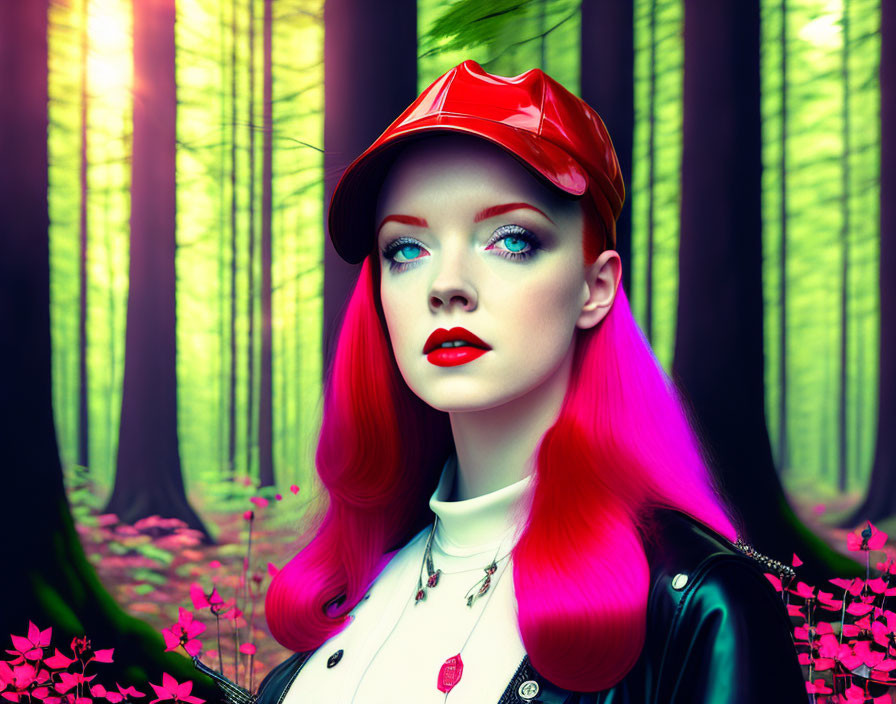 Vibrant red-haired woman in shiny cap against enchanted forest backdrop