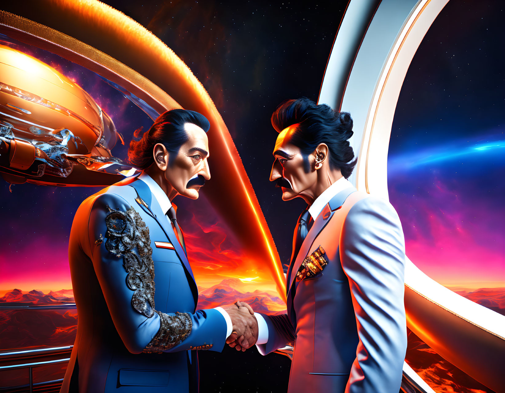 Stylized men in elaborate uniforms shaking hands on a space station with cosmic background.