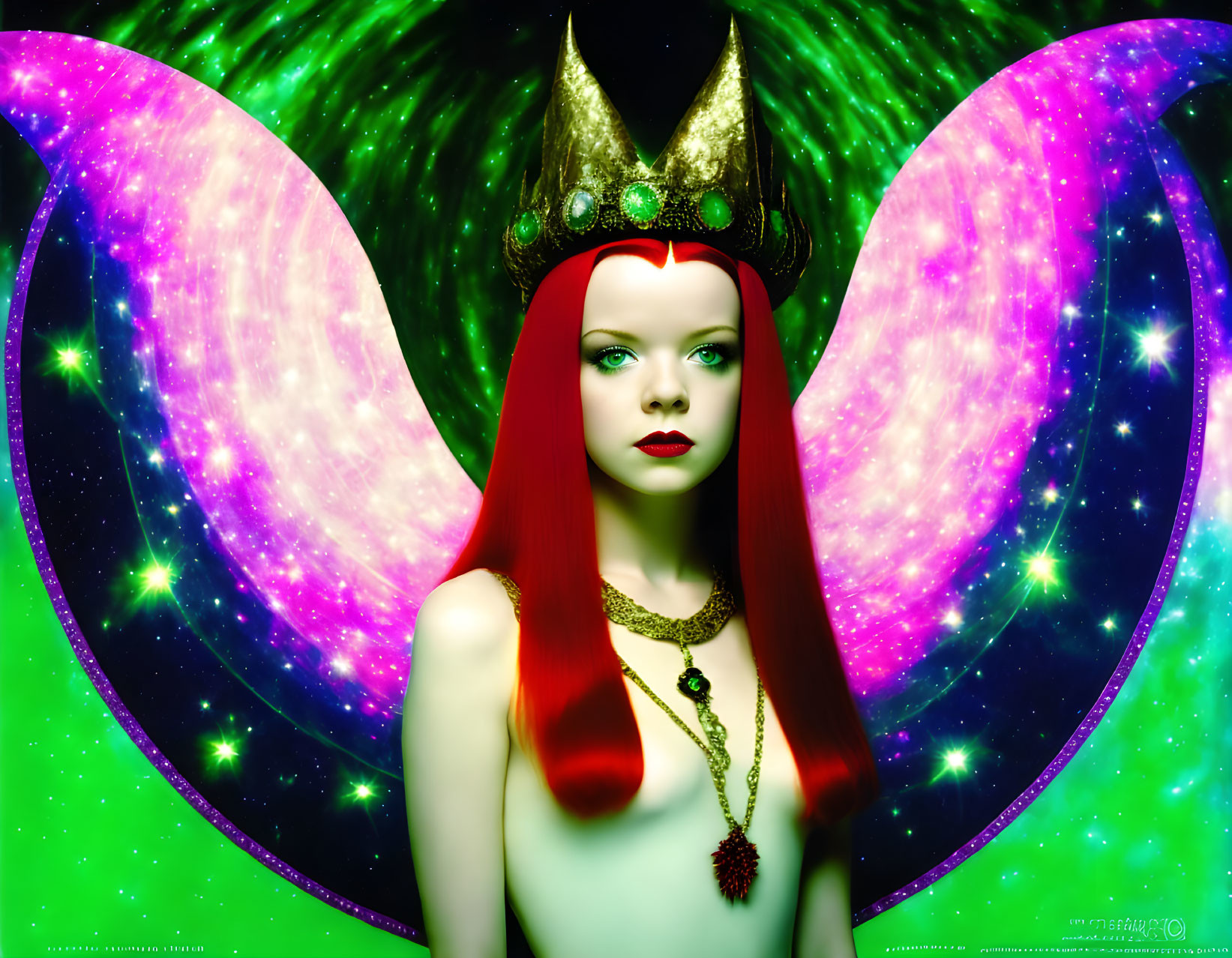 Digital Artwork: Woman with Red Hair, Crown, Purple Wings, Galactic Background