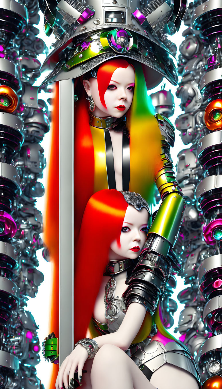 Stylistic female figures with red and white makeup in robotic setting